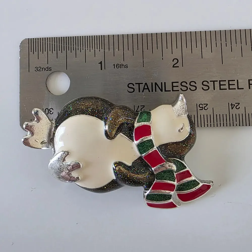 Vintage Enamel Penguin Brooch Winter Scarf Silver Tone Pin Holiday Jewelry